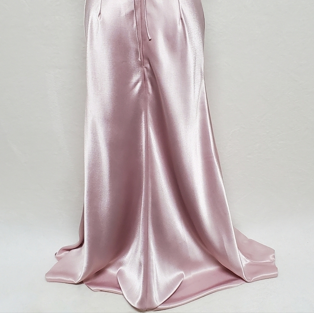 VINTAGE 90s 1001 Nights Blush Pink Satin Crochet Panel Lace-up Back Maxi Dress 6 - Picture 14 of 16